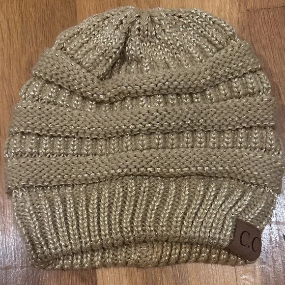 *last chance* C.C | Tan Knit Beanie with Metallic Accents + 2 winter hats - Picture 2 of 16